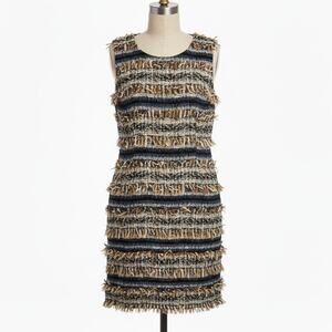 Just Drew Tweed Fringe Boucle Shift Mini Dress Metallic Neutral Sleeveless 6